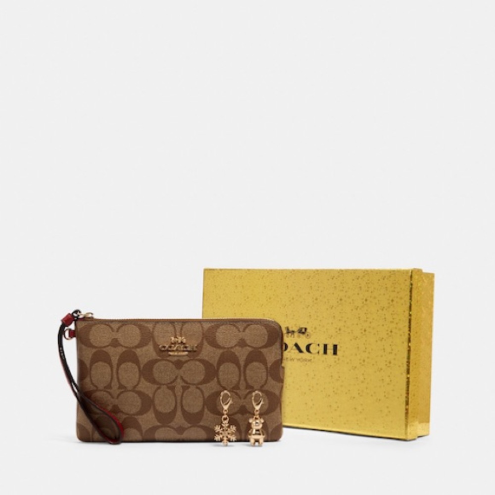 Coach Brand New Wristlet in Signature Canvas Khaki Cherry